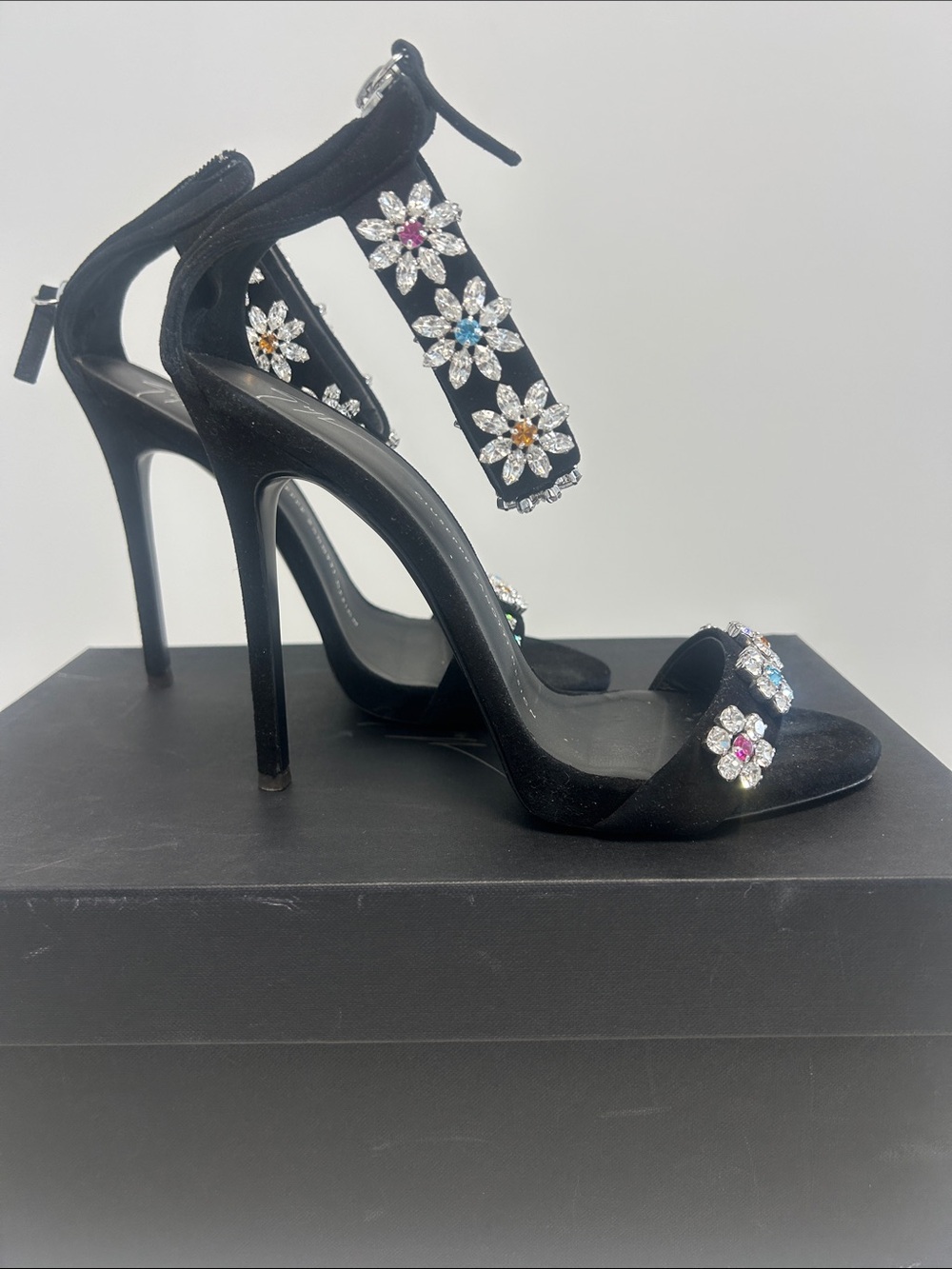 Giuseppe Zanotti Black Satin Crystal Flower Ankle-Strap Heels - Picture 3 of 7